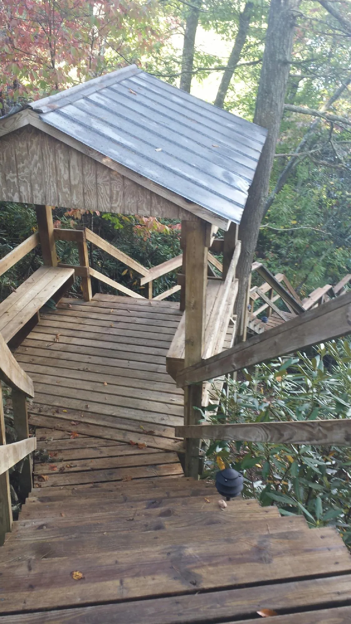 Metal roofed shelter over wooden steps on a wooded walkway — Skylight Repair & Installation work by our crew in Four Lakes